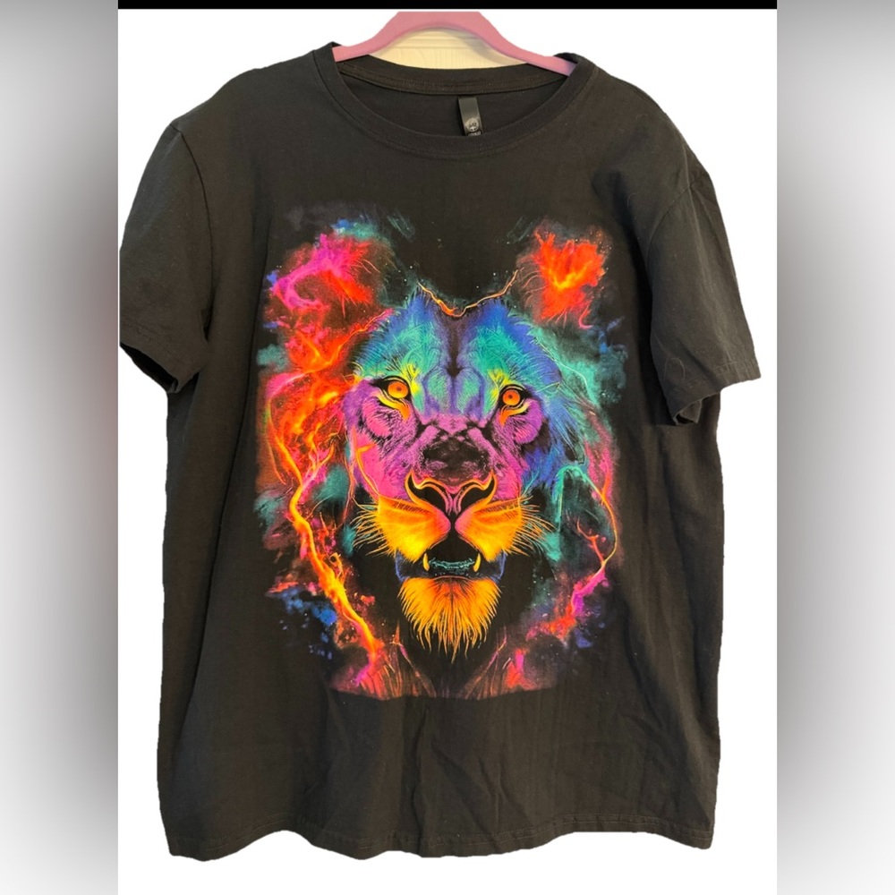 Unisex Codigo Cotton Black Psychedelic Neon Graphic Lion T Shirt Sz XG